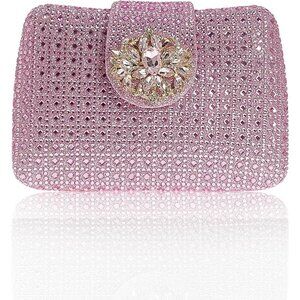 Women's Pink Sparkly Rhinestone Unique Evening Floral Clutch Shoulder Handbag